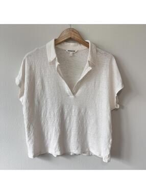 GAP Pure Linen Boxy Knit Polo Top White V-Neck Women's Size L